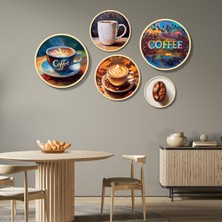 Yuvarlak Ahşap Çerçeveli Coffee Yazılı Renkli Kahve Teması Tablo Seti