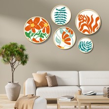 Yuvarlak Ahşap Çerçeveli Turuncu Yeşil Çiçek ve Bitkiler Tablo Seti