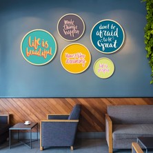 Yuvarlak Ahşap Çerçeveli Renkli Pozitif Motto Sözler Tablo Seti