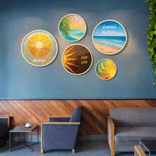 Yuvarlak Ahşap Çerçeveli Pozitif Yazılı Güneş ve Deniz Tablo Seti