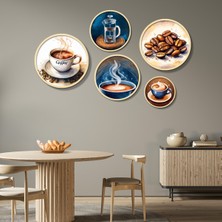 Yuvarlak Ahşap Çerçeveli Pastel Tonlarda Kahve Teması Tablo Seti