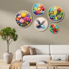 Yuvarlak Ahşap Çerçeveli Renkli Sanatsal Tema Tablo Seti