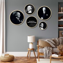 Yuvarlak Ahşap Çerçeveli Siyah ve Beyaz M.kemal Atatürk Tablo Seti