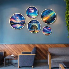 Yuvarlak Ahşap Çerçeveli Uzay Temalı Pozitif Söz Tablo Seti