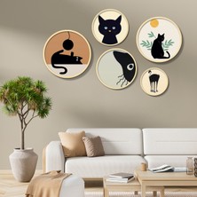 Yuvarlak Ahşap Çerçeveli Minimalist Siyah Kediler Tablo Seti