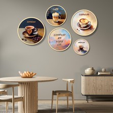 Yuvarlak Ahşap Çerçeveli Yazılı ve Minimalist Kahve Çeşitleri Tablo Seti