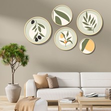 Yuvarlak Ahşap Çerçeveli Yeşil Minimalist Bitkiler Tablo Seti