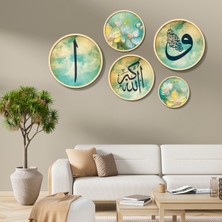 Yuvarlak Ahşap Çerçeveli Su Yeşili Renkli Elif-Vav ve Allahu Ekber Yazısı Tablo Seti