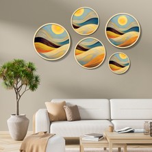 Yuvarlak Ahşap Çerçeveli Soyut Manzaralı Güneş Tablo Seti