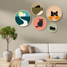 Yuvarlak Ahşap Çerçeveli Renkli Kediler Tablo Seti