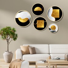 Yuvarlak Ahşap Çerçeveli Altın ve Siyah Renkli Geometrik Şekiller Tablo Seti