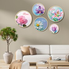 Yuvarlak Ahşap Çerçeveli Pembe ve Mor Tonlarda Çiçekler Tablo Seti