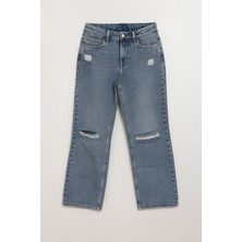 Kadın Yüksek Bel Wide Leg Yırtık Detaylı Buz Mavisi Jean Pantolon