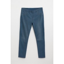 Kadın Yüksek Bel Beli Lastikli Mavi Tayt Jean Pantolon