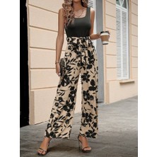 Sensuelle Kadın Askılı Yuvarlak Yaka Beli Kuşaklı Üst Viskon Alt Dalgıç Tulum