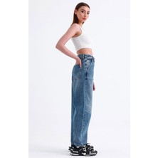 Kadın Mavi Skater Baggy Jeans Bol Paça Pantolon