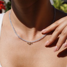 Nox Jewelry 14K Altın Kaplama Doğal Akuamarin Taşlı Kuş Detaylı Choker Gümüş Kolye - NGS00115