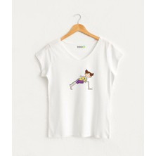 Yoga Poz Parivrtta Anjaneyasana Çizgi Figürlü Kadın V Yaka Tasarım T-Shirt
