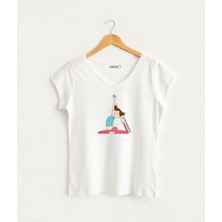 Yoga Poz Eka Pada Rajakapotasana Çizgi Figürlü Kadın V Yaka Tasarım T-Shirt
