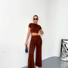 Osy Odal Yumuşak Dokulu Kumaş Kısa Kollu Crop Alt Ispanyol Paça Pantalon Ikili Takım  Kahverengi