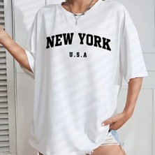 New York Baskılı Oversize Bisiklet Yaka Tshirt  Beyaz