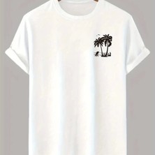 Baskılı Oversize Bisiklet Yaka Tshirt  Beyaz