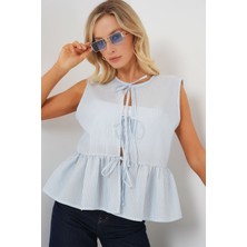 Hiccup Kadın BDART Bağcıklı Çizgili Dokulu Bluz Maya Mavisi