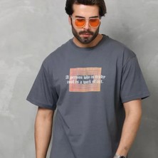 Unisex Bisiklet Yaka Baskılı Oversize Thirt  Füme