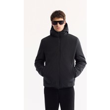 AVVA Erkek Siyah Kapüşonlu Çift Taraflı Rüzgar Geçirmez Peluş Regular Fit Mont A52Y6116
