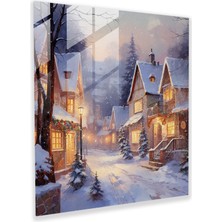 Popcas Kış Masalı Cam Tablo - Noel Ev Dekorasyonu Cam Duvar Sanatı Köy