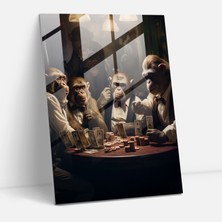 Popcas Maymun Poker Gecesi Cam Tablo Baskı - Insan Kıyafetlerine Bürünmüş Hayvanlar Modern Sanat