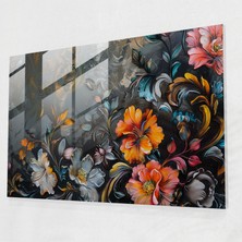 Popcas Klasik Modern Sanat - Barok Esintili Çiçekli Desen - Klasik Ev Dekorasyonu Cam Tablo Cam Duvar Sanatı