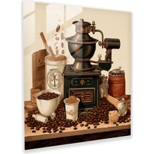 Popcas El Işi Üretim - Vintage Esintili Cam Tablo - Kahve Kahve Çekirdekleri Cam Tablo Modern Sanat