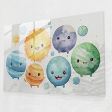 Popcas Gülümseyen Gezegenler Cam Tablo - Dünya Duvar Dekorasyonu Masalsı Cam Duvar Sanatı