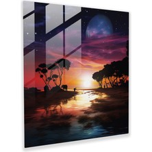 Popcas Ay Işığında Serenat Cam Tablo - Romantik Plaj Manzaralı Cam Duvar Sanatı - Ev Dekorasyonu