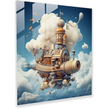 Popcas Masalsı Uçak Cam Tablo - Uçak Duvar Dekorasyonu Surrealist Sanat Eseri Masalsı Unsurlar