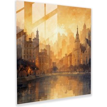 Popcas Bej Cam Tablo - Akşamüstü Kent Manzarası - Bej Duvar Dekorasyonu Huzurlu Atmosfer Şehirsel Çekicilik