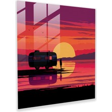 Popcas Günbatımı Karavan Cam Tablo - Karavan Renkli Günbatımı Cam Duvar Sanatı Keşif
