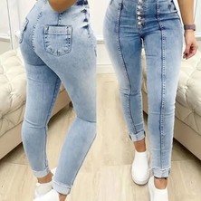 Kadın Yüksek Bel Önden Düğmeli Jean Pantolon