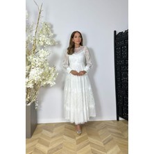 G1526 Dantel Tasarım Maksi Abiye Elbise Beyaz