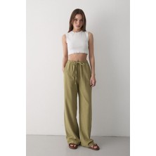 Jaste Kadın Beli Lastikli Bol Paça Palazzo Keten Pantolon HAKİ