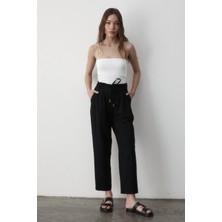 Jaste Kadın Yüksel Bel Boncuklu Bağcıklı Keten Pantolon SİYAH