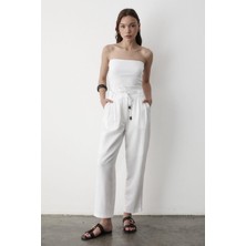 Jaste Kadın Yüksel Bel Boncuklu Bağcıklı Keten Pantolon BEYAZ
