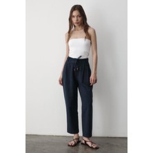 Jaste Kadın Yüksel Bel Boncuklu Bağcıklı Keten Pantolon LACİVERT