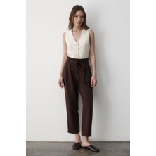 Jaste Kadın Yüksel Bel Boncuklu Bağcıklı Keten Pantolon BEYAZ