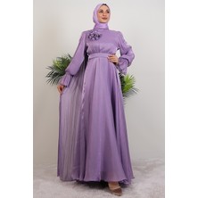 Omuzdan Pelerinli Elbise Lila