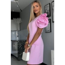 Arben Boutique Kadın Kısa Gül Detaylı Kollu Bisiklet Yaka Cepli Mini Atlas Elbise