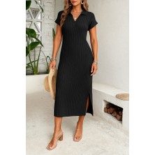 Ag Shoppings Kadın Kısa Kollu Yakalı Yandan Yırtmaçlı Kalın Fitilli Kaşkorse Elbise