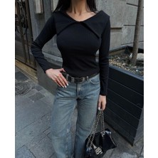 Kelebek Yaka Uzun Kol Bluz Siyah