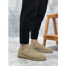 ET0359 Doğal Deri Tozu Bağcıksız Kauçuk El Yapımı Espadril Taban Krem Renk Erkek Ayakkabı